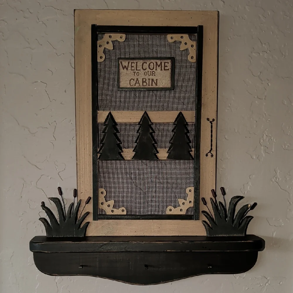 Welcome to Our Cabin Rustic Wall Shelf Decor Hooks Hanger Wood Wire Distressed